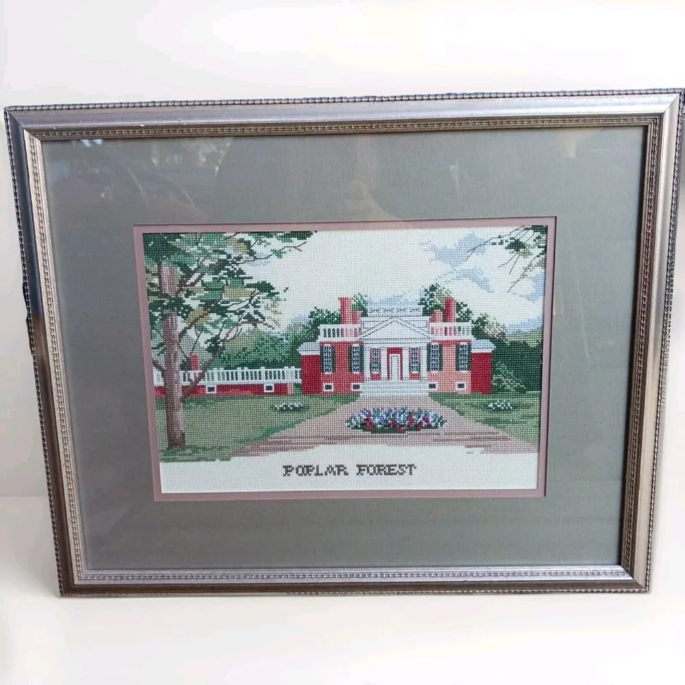Vintage Cross Stitch Framed Poplar Forest Thomas Jefferson Plantation 20x16